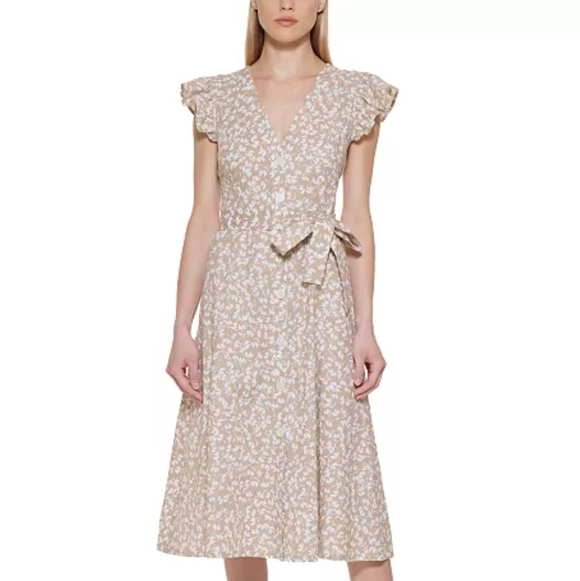 Tommy Hilfiger Dresses & Skirts - Women's Tommy Hilfiger 4 Dress Tan Floral Flutter Sleeve Midi Buttons